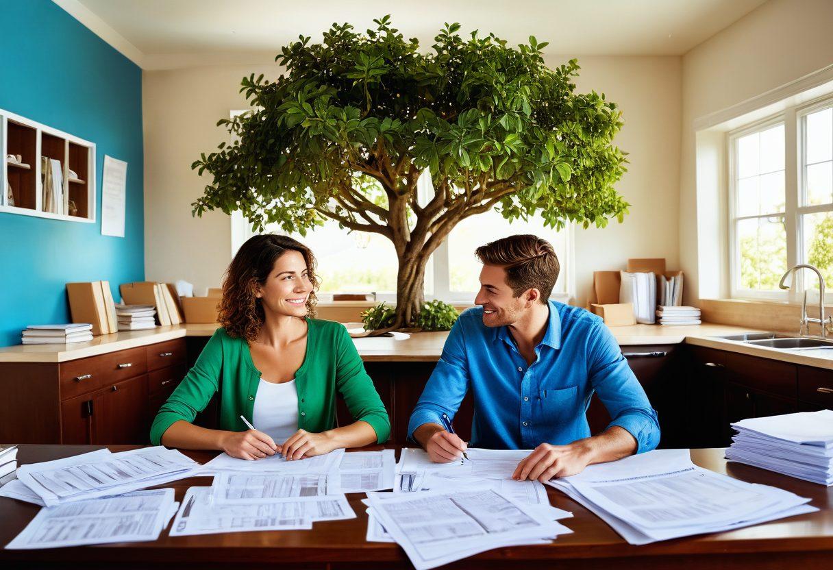 A beautifully arranged display featuring a cozy house surrounded by paperwork, such as mortgage documents and property valuation forms. In the foreground, there’s a couple discussing their plans, looking excited. Soft natural light illuminates the scene, creating a warm and inviting atmosphere. The background shows a tree and a clear blue sky. super-realistic. vibrant colors. warm lighting.