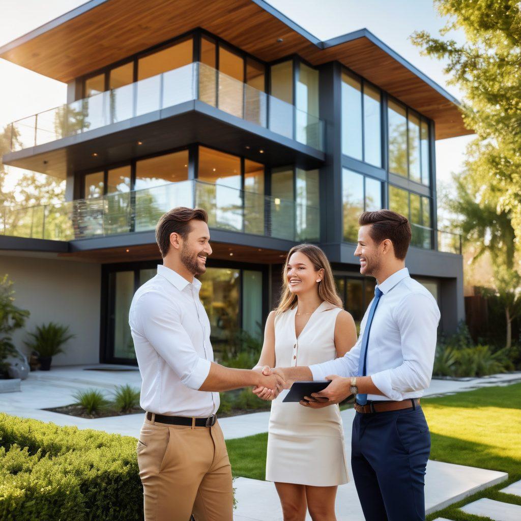 A split image featuring a smiling real estate agent shaking hands with a happy couple in front of a stylish home, while on the other side, a workstation with a laptop displaying real estate data and graphs surrounded by house keys and contracts. The scene is warm and inviting, emphasizing collaboration and success in homeownership. vibrant colors. super-realistic. 3D.